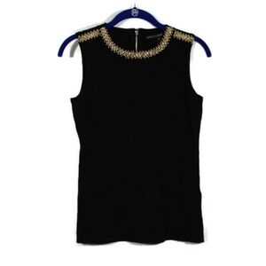 WHBM Black Sleeveless Top Gold and Crystal Beaded Collar NWT Size XS.
